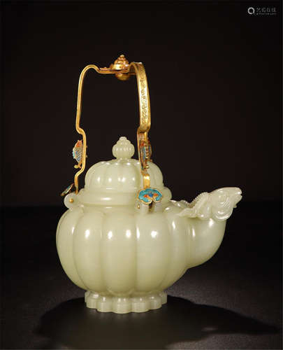 CHINESE WHITE JADE RAM TEA POT WITH GILT BRONZE HANDLE