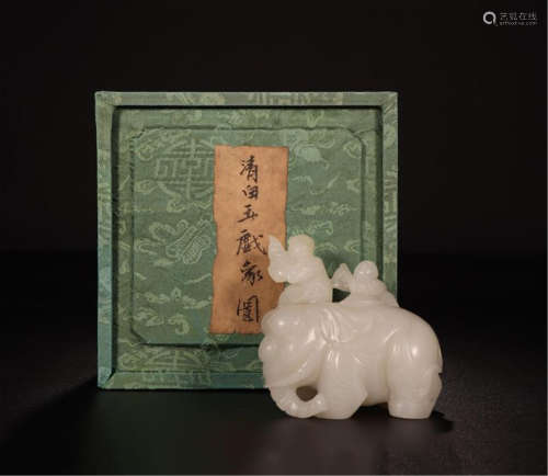 CHINESE WHTIE JADE BOY AND ELEPHANT TABLE ITEM
