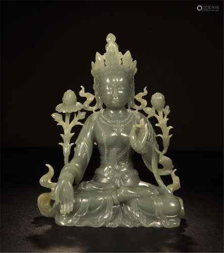 CHINESE CELADON JADE SEATED GUANYIN WITH LOTUS
