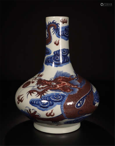 CHINESE PORCELAIN BLUE AND WHTIE IRON RED DRAGON VASE