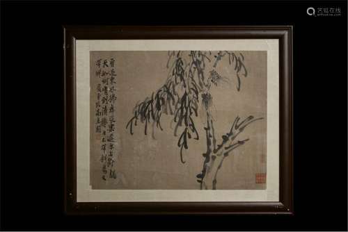 FRAMED CHINESE SCROLL PAINTING OF TREE WITH CALLIGRAPHY