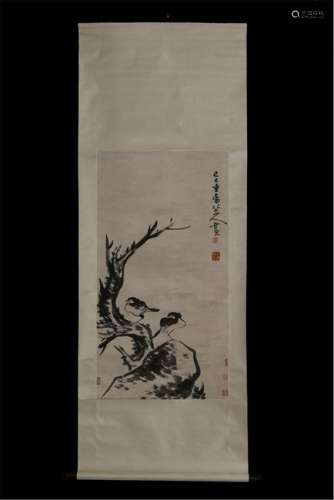 CHINESE SCROLL PAINITNG OF BIRD ON ROCK