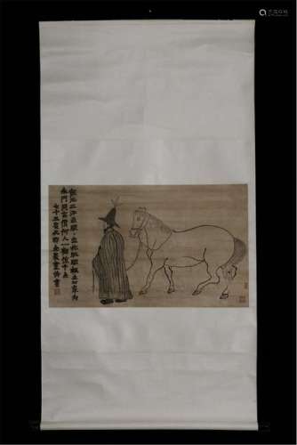 CHINESE SCROLL PAINITNG OF HORSE AND MAN WITH CALLIGRAPHY