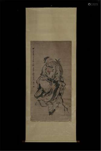 CHINESE SCROLL PAINITNG OF OLD MAN AND PEACH