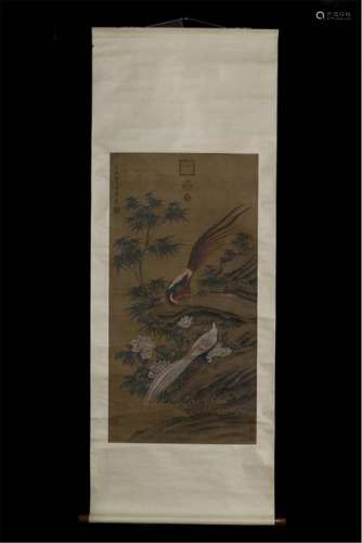CHINESE SCROLL PAINITNG OF BIRD AND BAMBOO