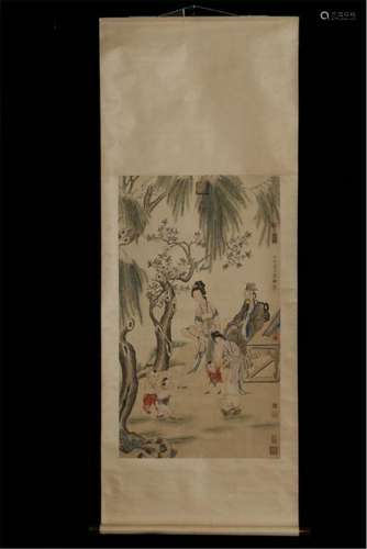 CHINESE SCROLL PAINITNG OF FAMILY IN GARDEN