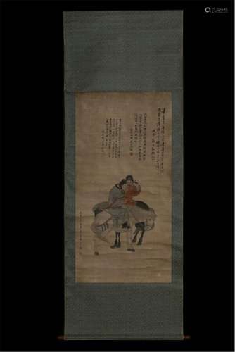 CHINESE SCROLL PAINITNG OF HORSEMAN WITH CALLIGRAPHY