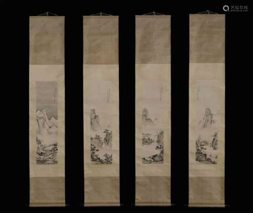 FOUR PANELS OF CHINESE SCROLL PAINITNG OF MOUNTAIN VIEWS