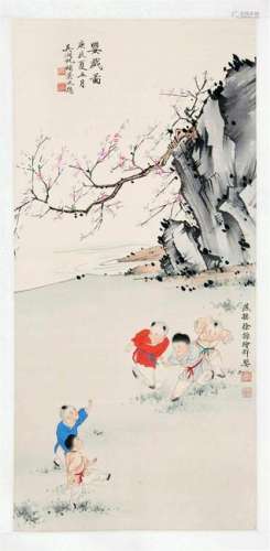 CHINESE SCROLL PAINITNG OF BOY PLAYING IN GARDEN