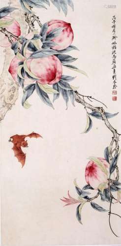 CHINESE SCROLL PAINITNG OF BAT AND PEACH