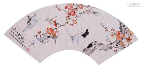 CHINESE FAN PAINITNG OF BUTTERFLY AND FLOWER