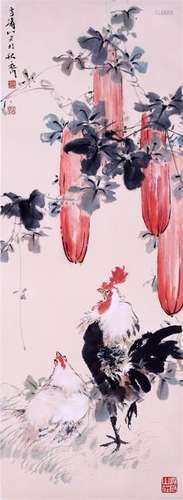 CHINESE SCROLL PAINITNG OF ROOSTER AND SQUASH