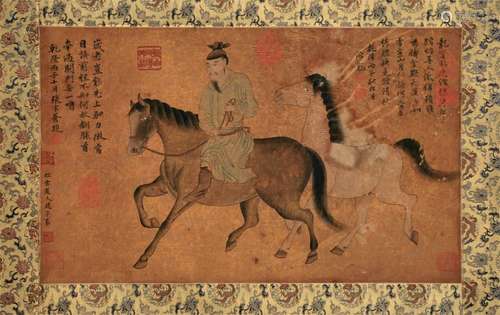 CHINESE SCROLL PAINITNG OF HORSE MAN WITH CALLIGRAPHY