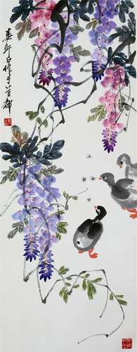 CHINESE SCROLL PAINITNG OF DUCK AND FLOWER