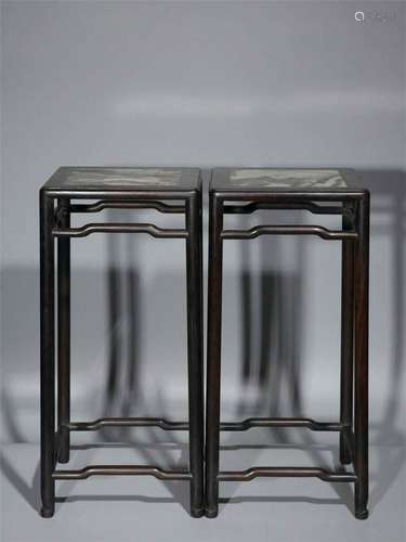 PAIR OF CHINESE MARBLE PLAQUE INLAID HARDWOOD ZITAN PLANTER STANDS