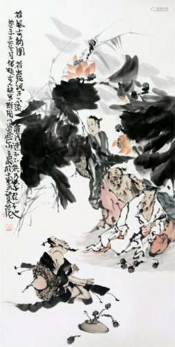 CHINESE SCROLL PAINITNG OF MEN UNDER LEAF