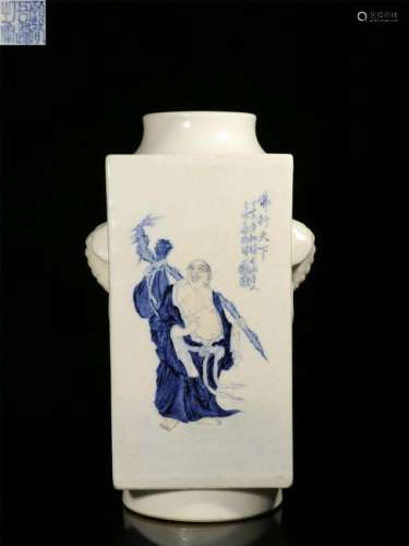 CHINESE PORCELAIN BLUE AND WHITE LOHAN SQUARE BRUSH POT