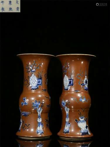 PAIR OF CHINESE PORCELAIN BROWN GLAZE BLUE AND WHITE GU VASE