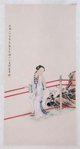 CHINESE SCROLL PAINITNG OF BEAUTY IN GARDEN