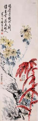 CHINESE SCROLL PAINITNG OF FLOWER AND ROCK
