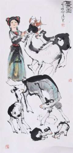 CHINESE SCROLL PAINITNG OF GIRL AND DEER