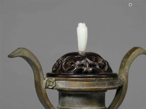 CHINESE BRONZE LONG HANDLE TRIPLE FEET CENSER WITH ROSEWOOD LID AND BASE