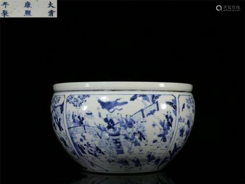 CHINESE PORCELAIN BLUE AND WHITE BOY PLAYING FISH BOWL