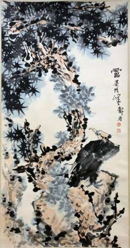 CHINESE SCROLL PAINITNG OF EAGLE UNDER PINE
