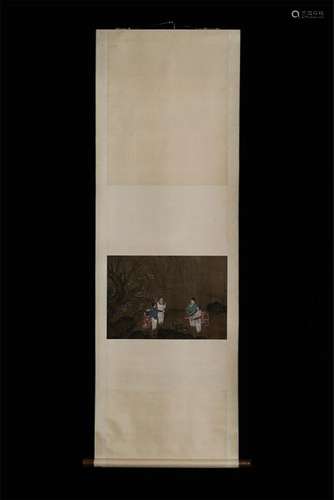 CHINESE SCROLL PAINITNG OF MEN IN GARDEN