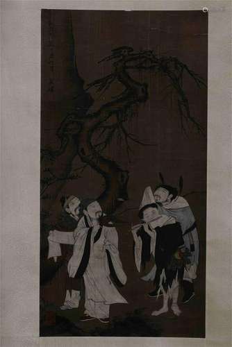 CHINESE SCROLL PAINITNG OF MEN UNDER TREE