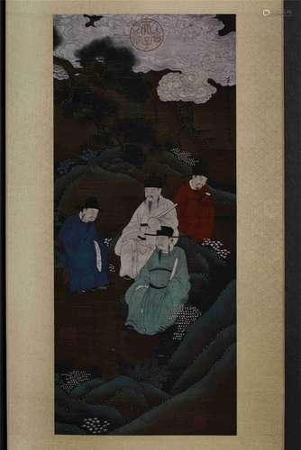 CHINESE SCROLL PAINITNG OF MEN IN GARDEN