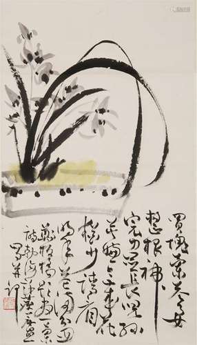 CHINESE SCROLL PAINITNG OF ORCHID WITH CALLIGRAPHY