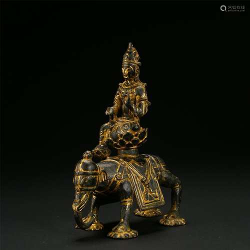 CHINESE GILT BRONZE SEATED SAMANTABHADRA ON ELEPHANT