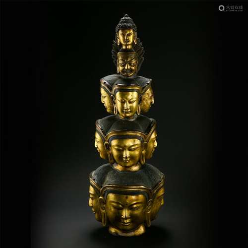 LARGE CHINESE GILT BRONZE BUDDHA HEADS TOWER