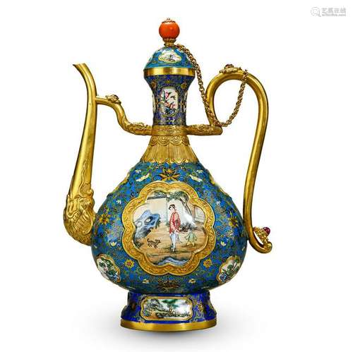 CHINESE PURE GOLD ENAMEL CORAL KNOT GEM STONE INLAID KETTLE