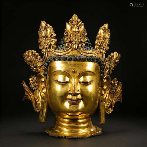 LARGE CHINESE GILT BRONZE GUANYIN HEAD