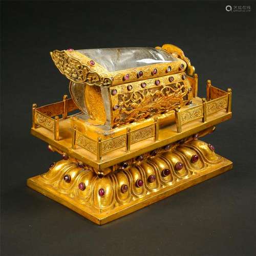 CHINESE GILT BRONZE ROCK CRYSTAL BUDDHIST RELIC COFFIN