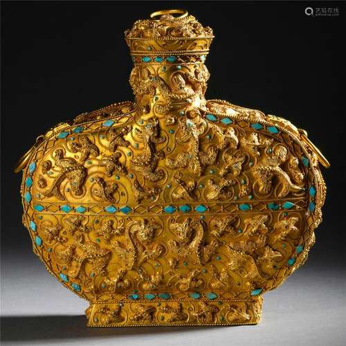 CHINESE TURQUOISE INLAID PURE GOLD FLATTEN VASE HAN DYNASTY