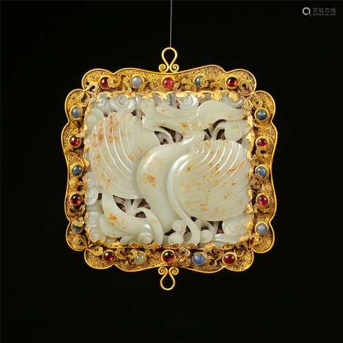 CHINESE GEM STONE PURE GOLD INLAID WHITE JADE BIRD PLAQUE