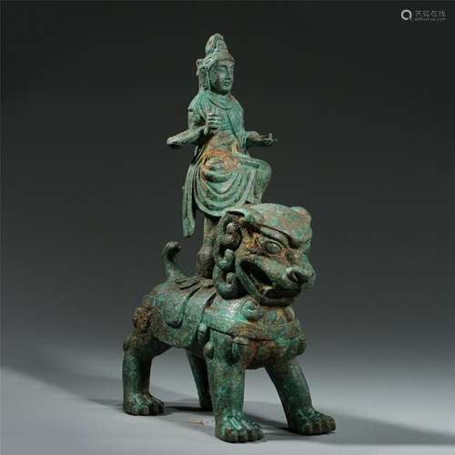 CHINESE ANCIENT BRONZE BUDDHA ON LION LIAO DYNASTY