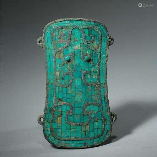 CHINESE TURQUOISE INLAID BRONZE SQUARE PLAQUE HAN DYNASTY