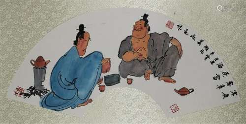 CHINESE FAN PAINTING OF TWO FIGURES