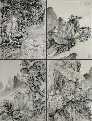 FOUR PANELS OF CHINESE ALBUM PAINTING OF LOHAN IN MOUNTAIN