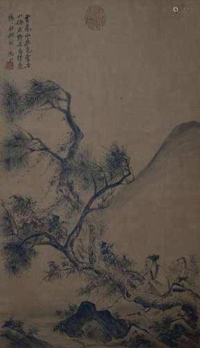CHINESE SCROLL PAINTING OF FIGURES IN MOUNTAIN