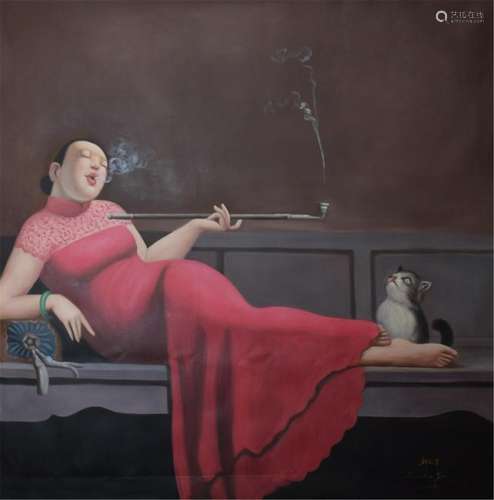 CHINESE OIL PAINTING OF SMOKING LADY ON CANVAS