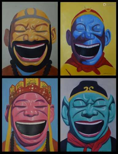 CHINESE OIL PAINTING OF LAUGHING FIGURES ON CANVAS