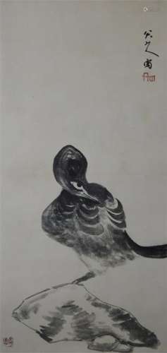 CHINESE SCROLL PAINTING OF DUCK ON ROCK