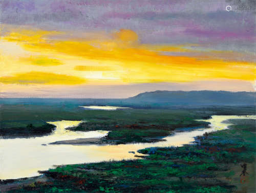 朱曜奎 夕阳下的湿地 布面油画
