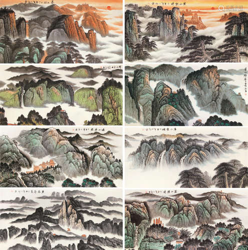刘二郞 山水画八件套 设色纸本横轴