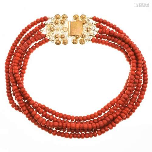 A 19th Century Five Strand Red Coral Necklace